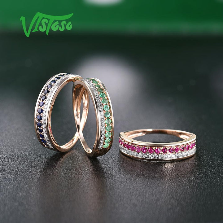 VISTOSO 14K Rose Gold Rings For Lady Genuine Shiny Diamond Fancy Ruby Sapphire Emerald Engagement Anniversary Chic Fine Jewelry - bertofonsi