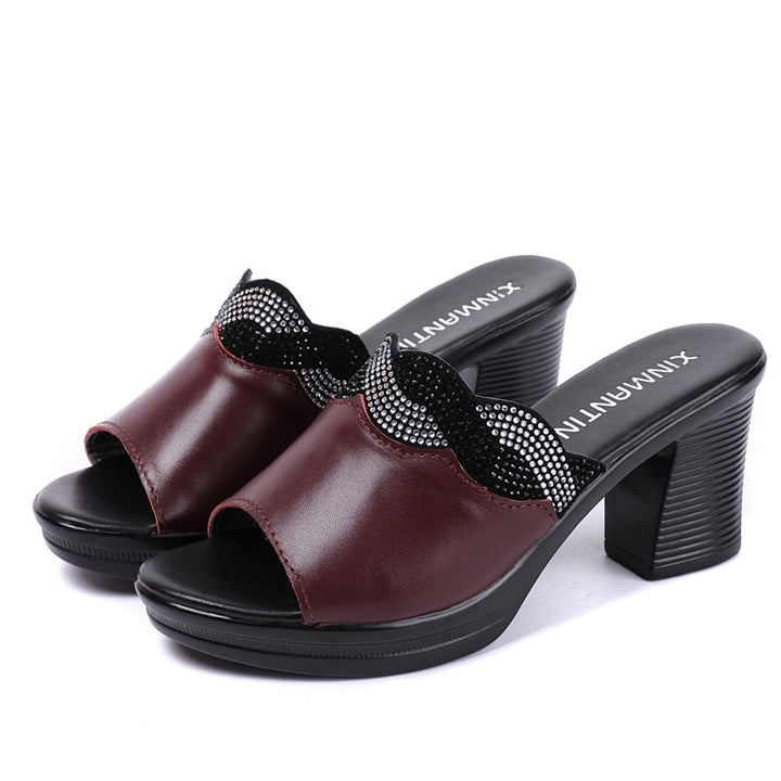 GKTINOO Women Slipper&#39;s 2023 Ladies Summer Slippers Shoes Women High Heels Fashion Rhinestone Summer Shoes Genuine Leather - bertofonsi
