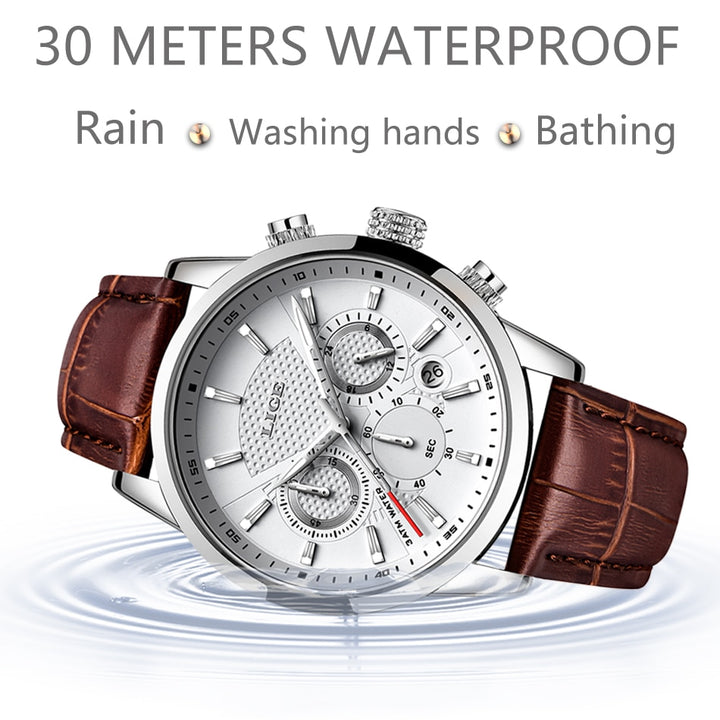 LIGE Mens Watches Gift Top Luxury Brand Waterproof Sport Watch Chronograph Quartz Military Genuine Leather Relogio Masculino - bertofonsi