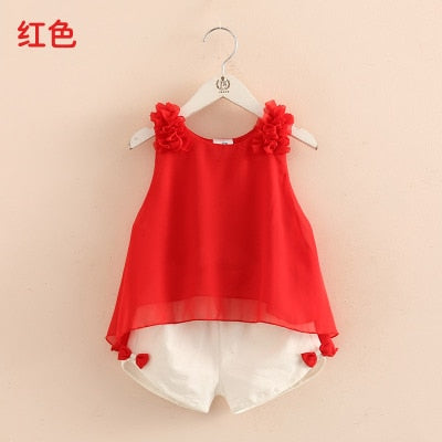 2021 Casual Cute 2 3-4 6 8 10 Years Solid Color Bow Flower Sleeveless T-shirt+Shorts 2 Pcs Baby Kids Girls Summer Clothing Set - bertofonsi