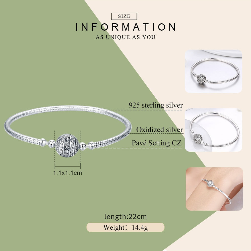 Bamoer 100% 925 Sterling Silver Dazzling Clear CZ Round Clasp Snake Chain Flower Clasp Bracelet Fine Jewelry SCB062 - bertofonsi