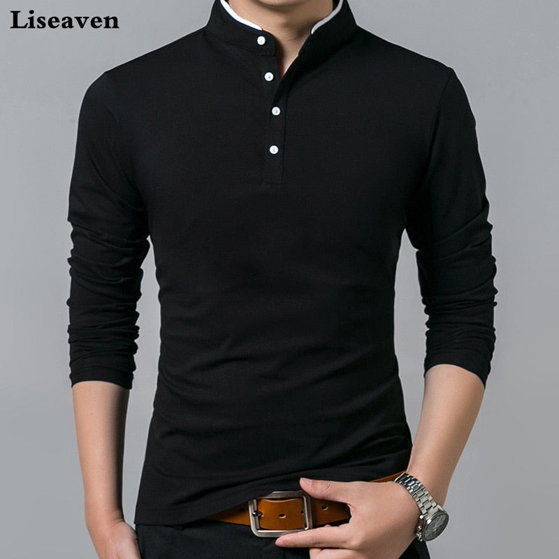 Liseaven T-Shirt Men Cotton T Shirt Full Sleeve tshirt Men Solid Color T-shirts tops&amp;tees Mandarin Collar Long Shirt - bertofonsi