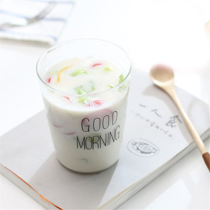 1Pcs Glass Breakfast Cup Coffee Tea Milk Yogurt Mug Creative Letters Printed Mug Transparent Handle Drinkware - bertofonsi