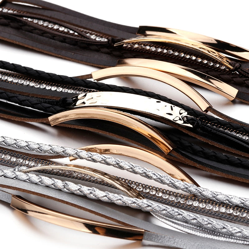 ALLYES Multilayer Leather Bracelet for Men Metal Bar Charm Black Braided Wide Wrap Man Bracelets & Bangles Boho Punk Jewelry - bertofonsi