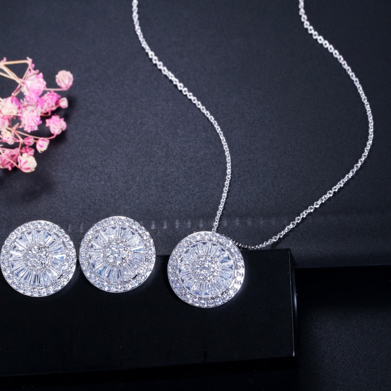 CWWZircons Top Quality CZ Crystal Women Fashion Jewellery Shiny Round Cubic Zircon Necklace and Earring Jewelry set T039 - bertofonsi