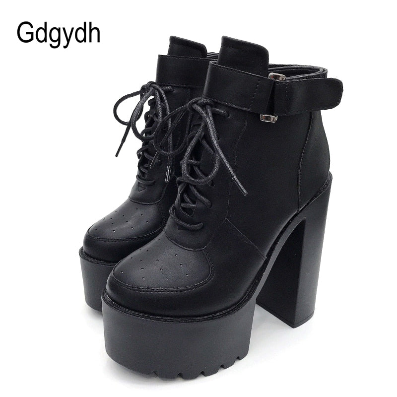 Gdgydh Hot Sale Russian Shoes Black Platform Boots Women Zipper Autumn High Heels Shoes Lace Up Ankle Boots White Rubber Sole - bertofonsi