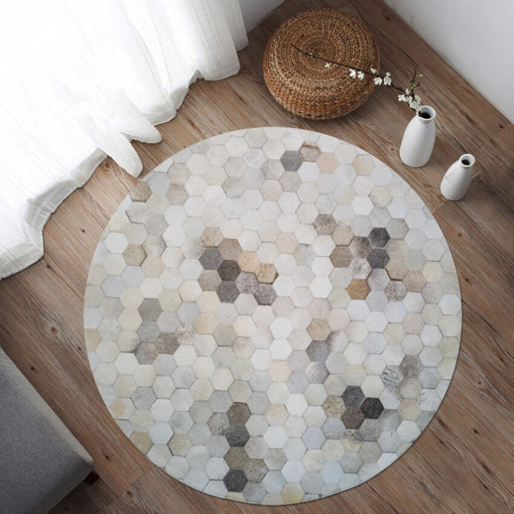 American style Round shaped natural cowhide seamed rug ,genuine  cows skin fur carpet for living room bedroom decoration - bertofonsi