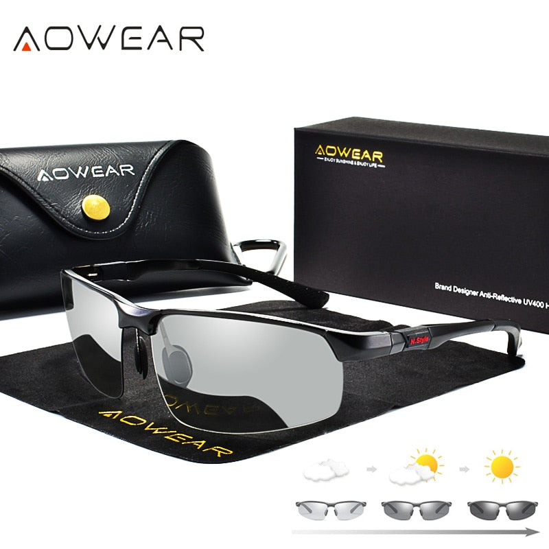 AOWEAR Photochromic Sunglasses Men Polarized Day Night Driving Glasses High Quality Aluminium Rimless Chameleon Eyewear Gafas - bertofonsi