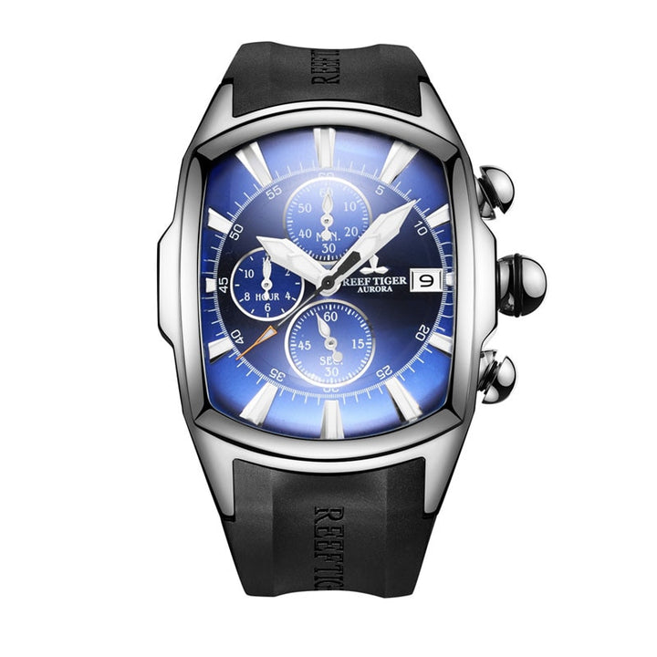 Reef Tiger/RT Big Sport Watches with Date Rubber Strap Steel Blue Dial Mens Watch Chronograph Waterproof Watches RGA3069-T - bertofonsi