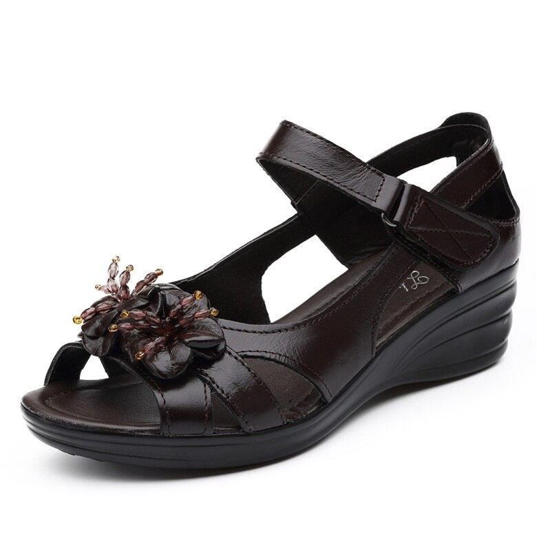 GKTINOO 2022 Gladiator Sandals Women Elegant Genuine Cow Leather Wedge Mid Heel 4cm Beaded Flower Ladies Shoes And Sandals Shoes - bertofonsi