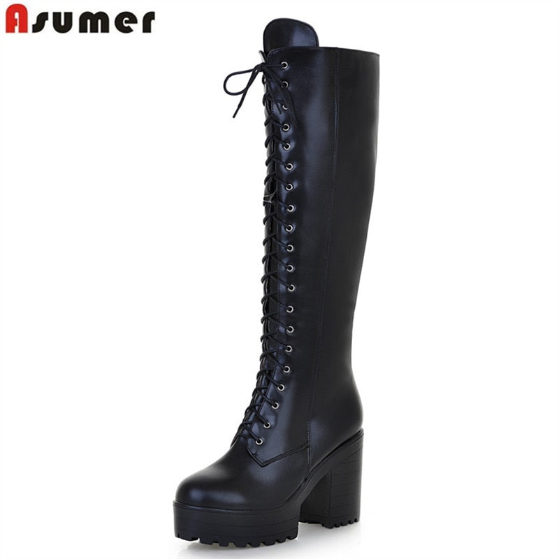 ASUMER 2021 New big size knee high boots women square high heels platform ladies boots lace up autumn winter boots female - bertofonsi