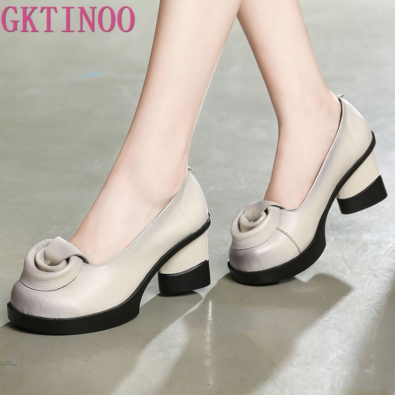GKTINOO Spring Women Pumps Retro Lady 7CM High Heels Slip On Flower Pumps Handmade Women Genuine Leather Shoes - bertofonsi