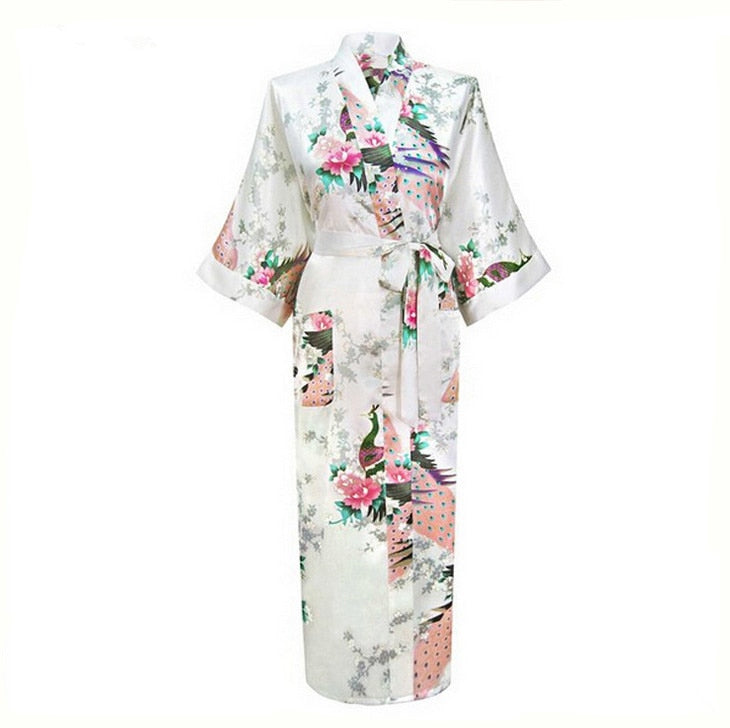 Print Chinese Women Silk Rayon Robes Long Sexy Nightgown Yukata Kimono Bath Gown Sleepwear Plus Size Bathrobes Intimate Lingerie - bertofonsi