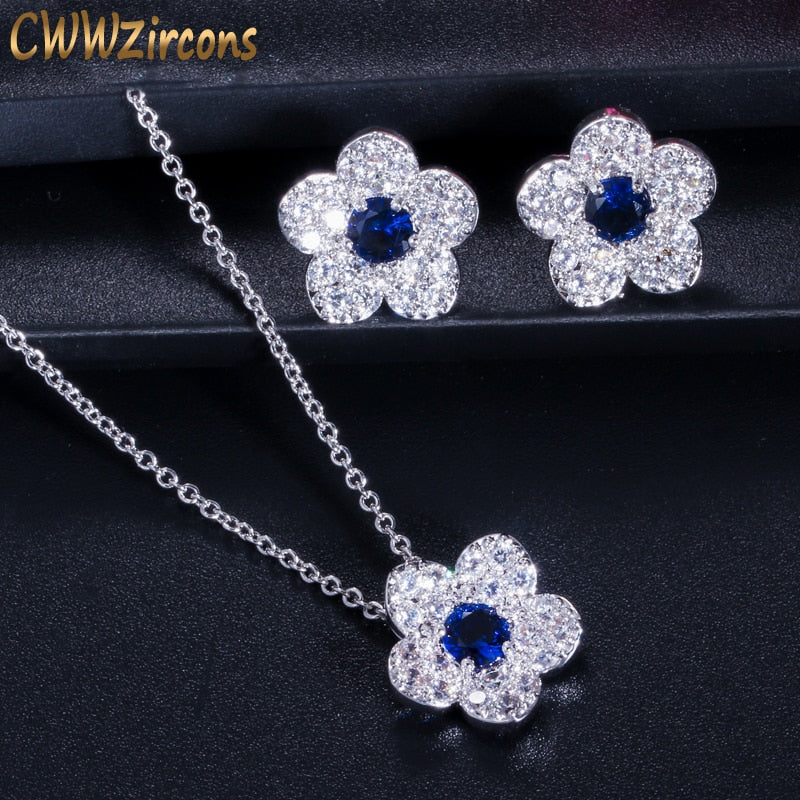 CWWZircons New Fashion Korean Jewelry AAA Cubic Zircon Stone Pave Flower Women Jewelry Sets with Dark Blue Zirconia Stones T138 - bertofonsi