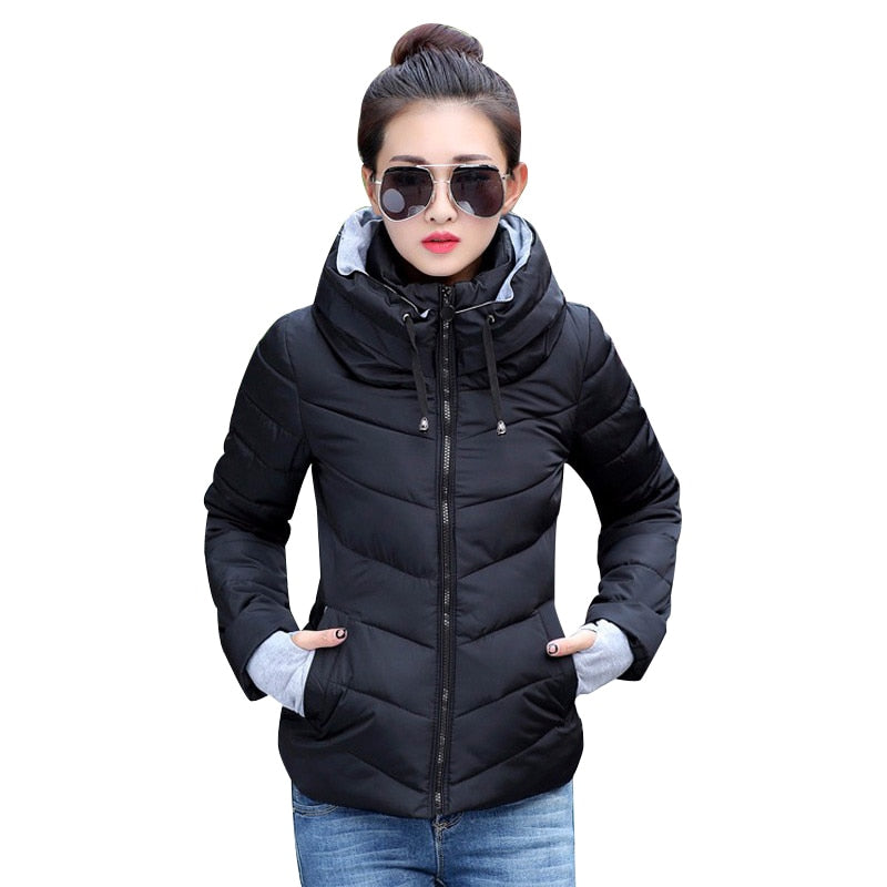 2021 Winter Jacket women Short Womens Parkas Thicken Outerwear solid hooded Coats Zipper Female Slim Cotton padded basic tops - bertofonsi