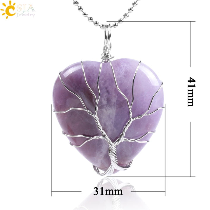 CSJA Tree of Life Wire Wrapped Love Heart Necklace &amp; Pendant Suspension Natural Gem Stone Tiger Eye Pink Quartz Black Onyx F053 - bertofonsi