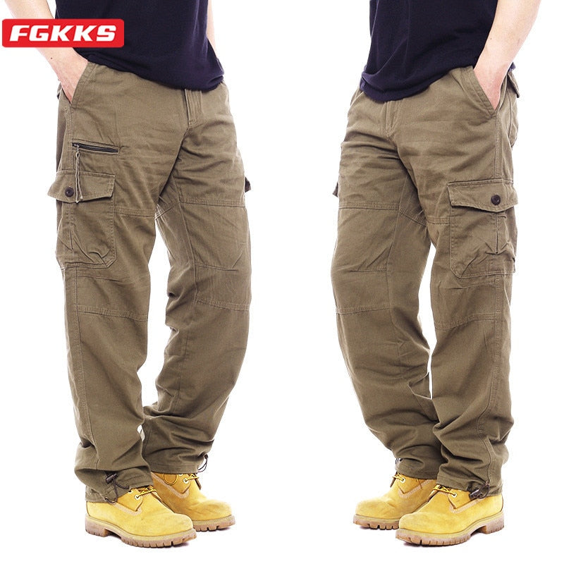 FGKKS Men Multi-pocket Cargo Pants Zipper Pure Cotton Straight Leg Pants Loose Casual Solid Color Construction Pants - bertofonsi
