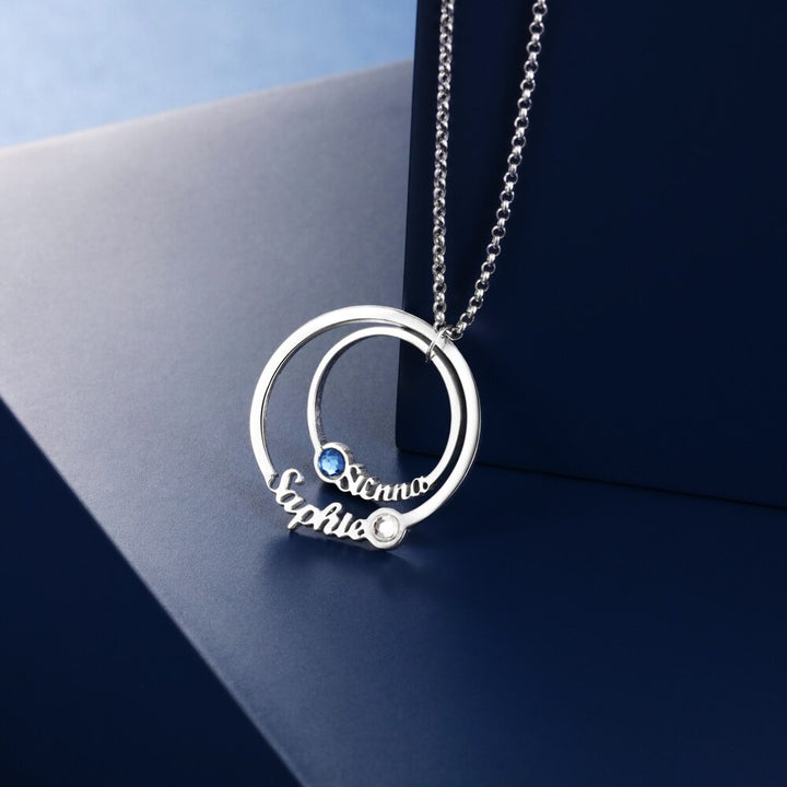 JewelOra 925 Sterling Silver Personalized Name Necklace with 2 Birthstones Custom Double Circle Couple Necklaces for Lovers - bertofonsi