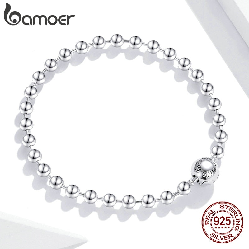 bamoer 925 Sterling Silver Pure Silver Round Bead Bracelet Forever Love Chain Women Fashion Basic Bracelets SCB208 - bertofonsi