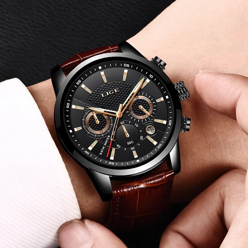 LIGE New Mens Watches Top Brand Luxury Military Sport Watch Men Leather Waterproof Clock Quartz Wristwatch Relogio Masculino+Box - bertofonsi