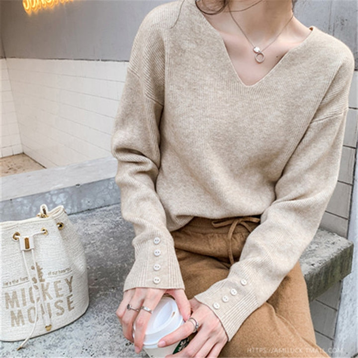 2022 Autumn Spring Women Sweaters Female Tops Knitted Thin Pullover Solid V-neck Loose Elegant Office Lady Casual All Match - bertofonsi