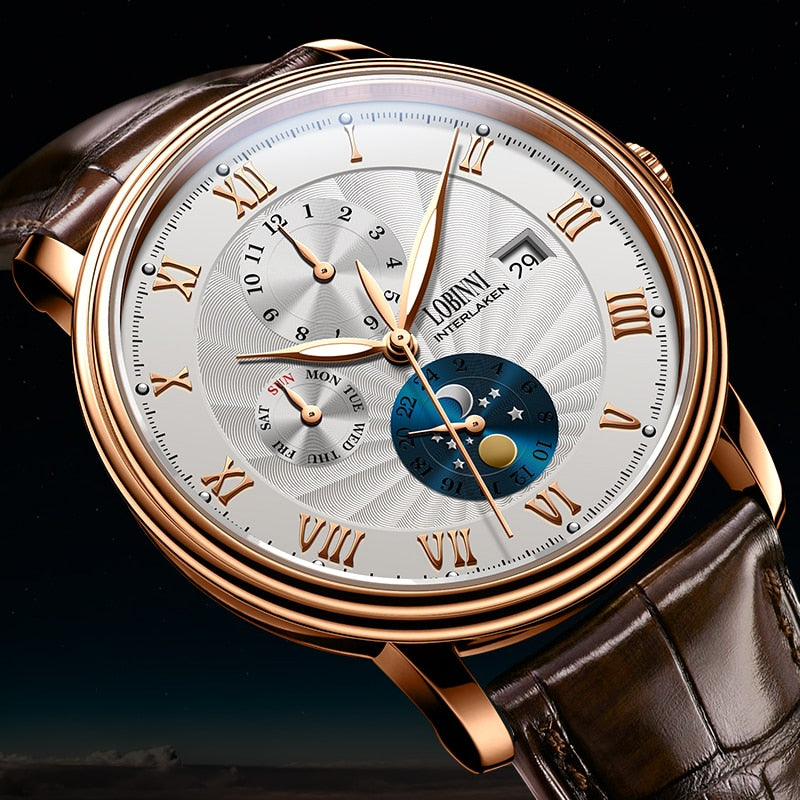 LOBINNI Men Watches Fashion Brand wrist watch Seagull Automatic Mechanical Clock Sapphire Moon Phase relogio masculino L1023B-2 - bertofonsi