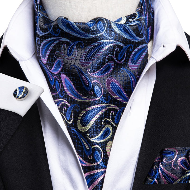 Hi-Tie Fashion Men's Cravat Set Luxury Floral Paisley Cravat Tie Men 100% Silk Red Blue Pink Ascot Pocket Square Cravat for Men - bertofonsi