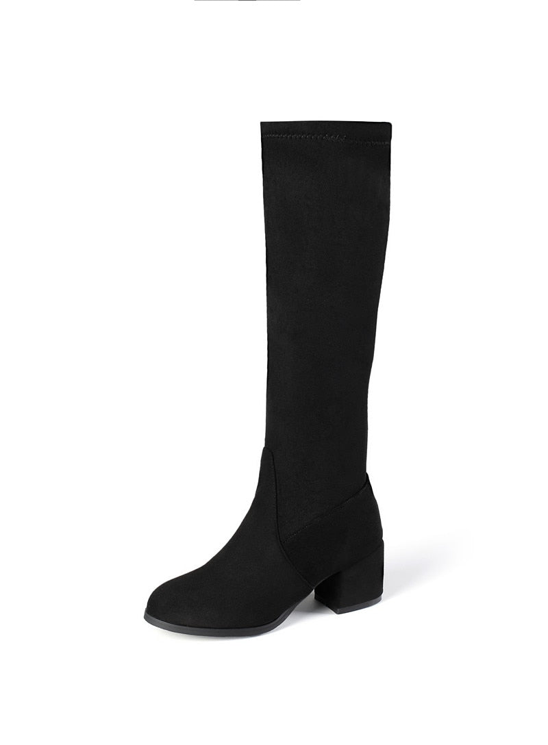 MORAZORA 2022 New arrival knee high boots thick high heels round toe ladies shoes winter black rice white color women boots - bertofonsi