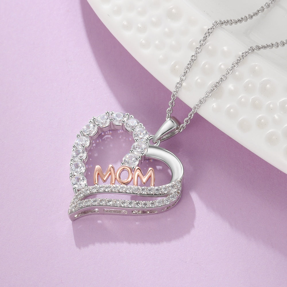 Genuine 925 Sterling Silver Women Necklaces Letter MOM Heart Shape CZ Necklaces Mother&#39;s Day Gift Fine Jewelry (Lam Hub Fong) - bertofonsi