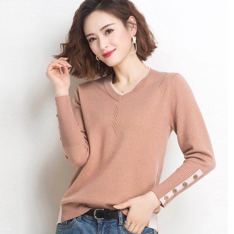 Shintimes V-Neck Button Women Sweater Long Sleeve Slim 2022 Autumn Sweaters Pullovers Womens Clothing Fall Knitted Pull Femme - bertofonsi