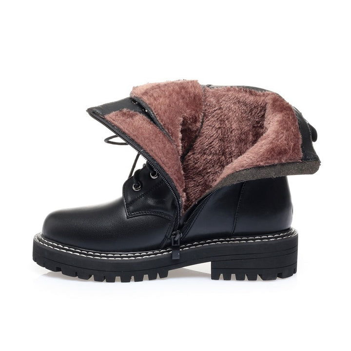 2020 winter new leather women boots round toe mid-heel thick heel British retro  boots plush warm furry boots for women - bertofonsi