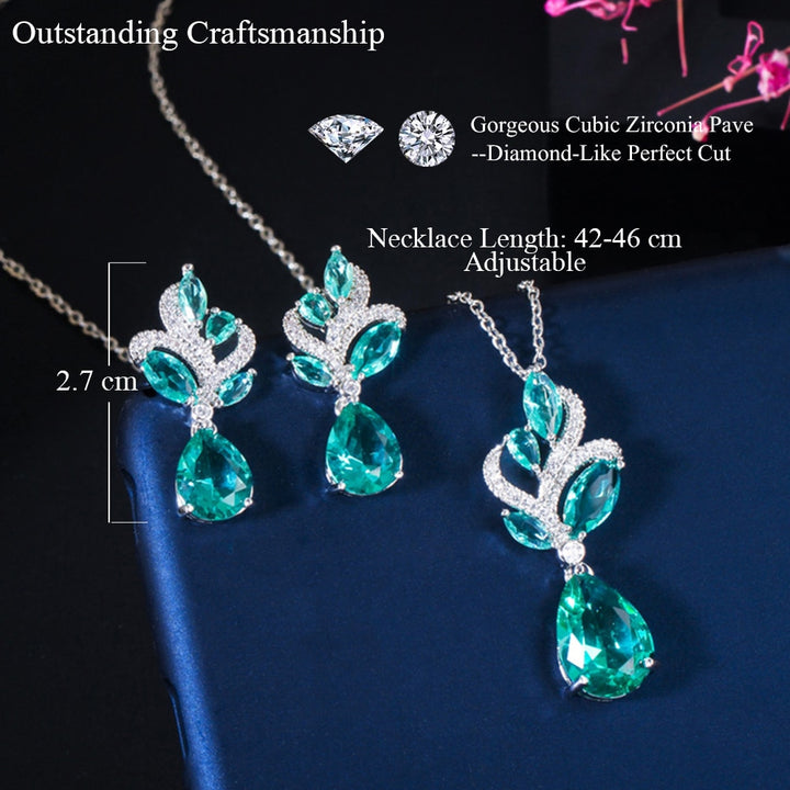 Pera Elegant Korean Style Light Blue Cubic Zirconia Women Fashion Pendant Leaf Necklace Water Drop Earrings Jewelry Sets J151 - bertofonsi