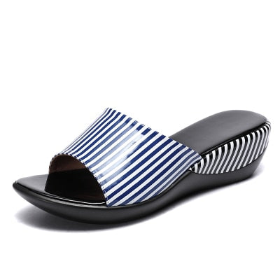 GKTINOO Women Slipper&#39;s 2022 Ladies Summer Slippers Shoes Women Wedges Heels Striped Fashion Summer Shoes Geuine Leather - bertofonsi