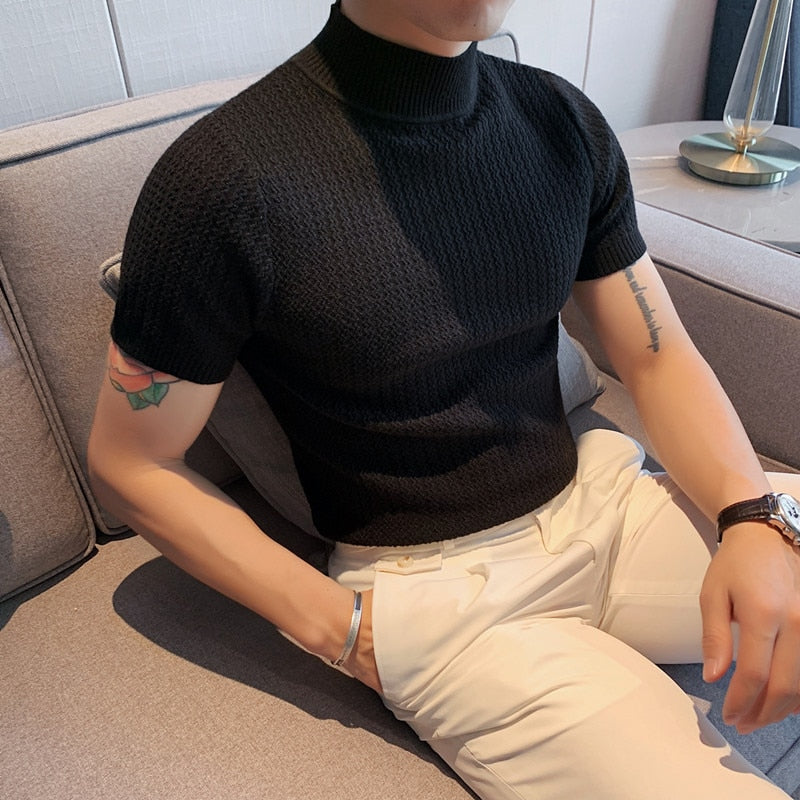Autumn New Short Sleeve Knitted Sweater Men Tops Clothing 2022 All Match Slim Fit Stretch Turtleneck Casual Pull Homme Pullovers - bertofonsi