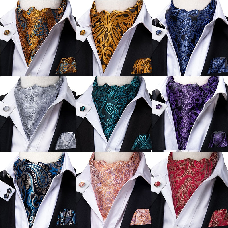 Hi-Tie Fashion Men's Cravat Set Luxury Floral Paisley Cravat Tie Men 100% Silk Red Blue Pink Ascot Pocket Square Cravat for Men - bertofonsi