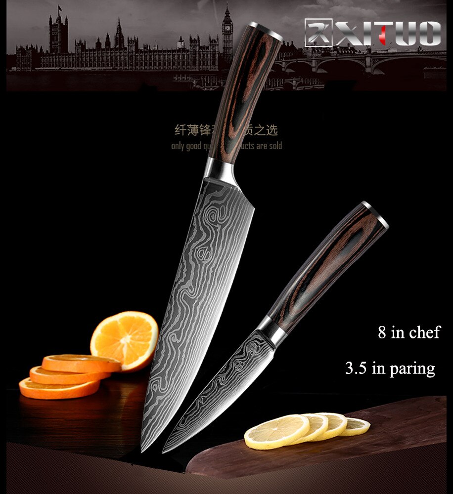 XITUO  2-5PCS Set Kitchen Knife Damascus Laser Stainless Steel Blades Chef Knife Santoku knife Utility Paring knives Tools - bertofonsi