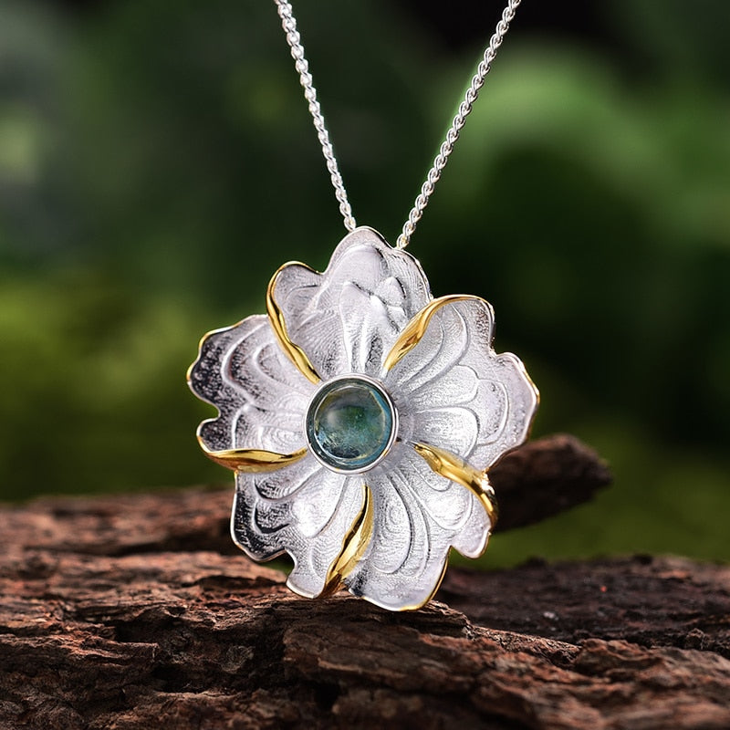 Lotus Fun Real 925 Sterling Silver Natural Tourmaline Handmade Fine Jewelry Peony Flower Pendant without Necklace for Women - bertofonsi