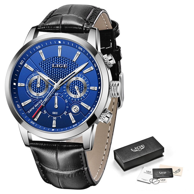 2022 New Mens Watches LIGE Top Brand Leather Chronograph Waterproof Sport Automatic Date Quartz Watch For Men Relogio Masculino - bertofonsi