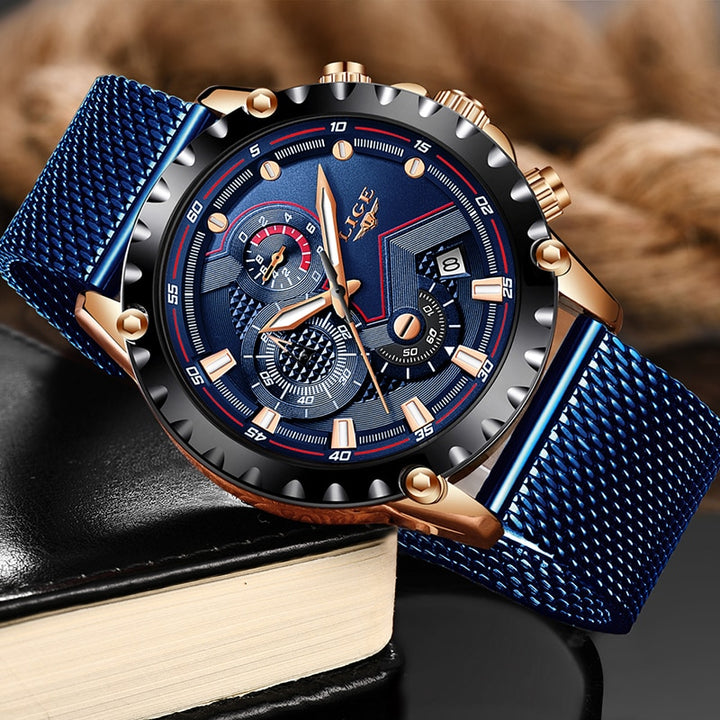 2022 New LIGE Blue Casual Mesh Belt Fashion Quartz Gold Watch Mens Watches Top Brand Luxury Waterproof Clock Relogio Masculino - bertofonsi