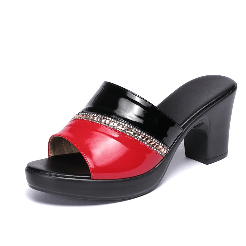GKTINOO Women Slipper&#39;s 2022 Ladies Summer Slippers Genuine Leather Shoes Women High Heels Fashion Rhinestone Summer Shoes - bertofonsi
