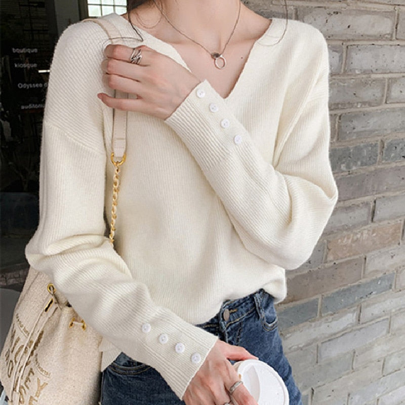 2022 Autumn Spring Women Sweaters Female Tops Knitted Thin Pullover Solid V-neck Loose Elegant Office Lady Casual All Match - bertofonsi
