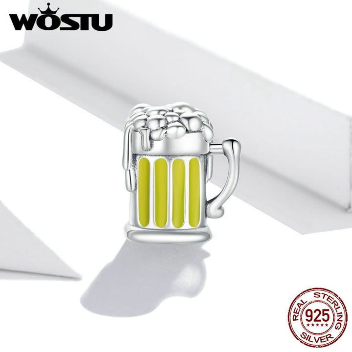 WOSTU 925 Sterling Silver Beer Glass Cup Charms Beads Fit Original Bracelet Necklace Wine Glass Pendant Jewelry Making CQC1671 - bertofonsi