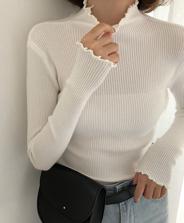 2022 Spring Autumn Winter High Elastic Slim Sweater Women Turtleneck Ruched Women Sweater Fashion Solid Chic Knitted Pullovers - bertofonsi