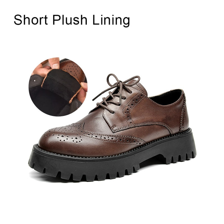 BeauToday Brogue Shoes Women Genuine Cow Leather Wintip Round Toe Cross-Tied Thick Sole Ladies Derby Shoes Handmade 21839 - bertofonsi