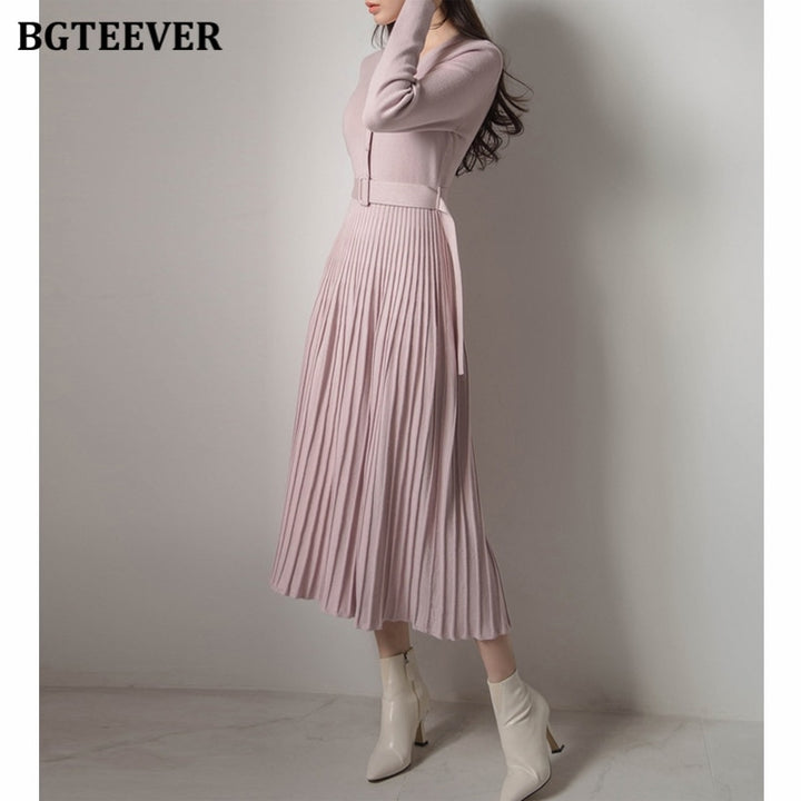 BGTEEVER Elegant V-neck Single-breasted Women Thicken Sweater Dress 2021 Autumn Winter Knitted Belted Female A-line soft dresses - bertofonsi