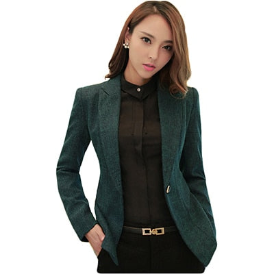 Women Notched Collar Blazer With Slanted Pocket New Fall Winter Green Gray Single Button Jackets Slim Coat 5XL 6XL 7XL - bertofonsi