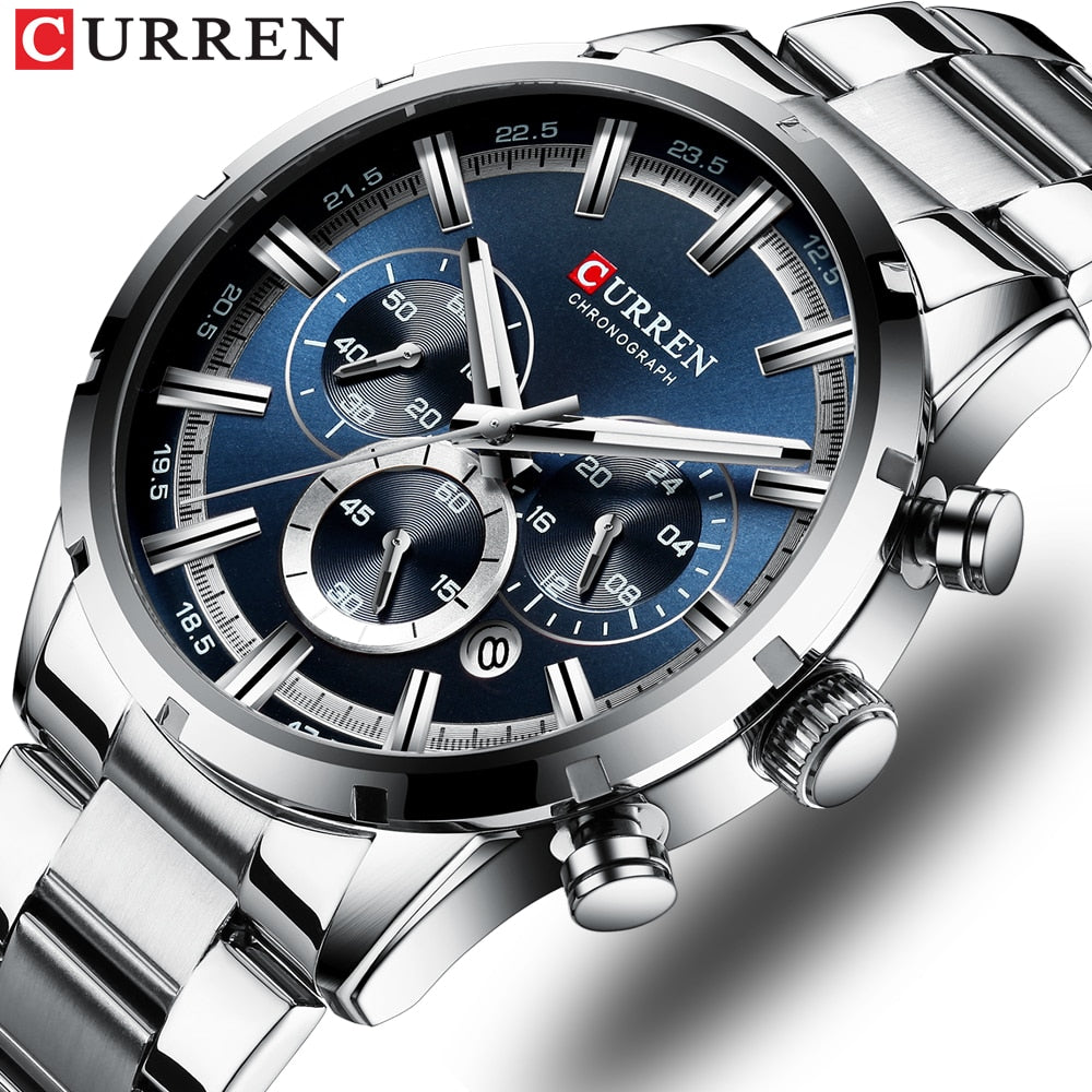CURREN Top Brand Military Quartz Watches Silver Blue Mens Stainless Steel Chronograph Wristwatch for Male Casual Sporty Clocks - bertofonsi