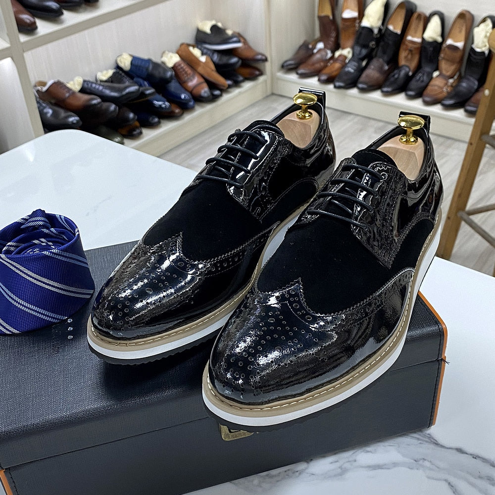 British Style Classic Mens Business Casual Shoes Patent Leather Suede Wingtip Brogue Oxfords Black Flat Fashion Shoes for Men - bertofonsi