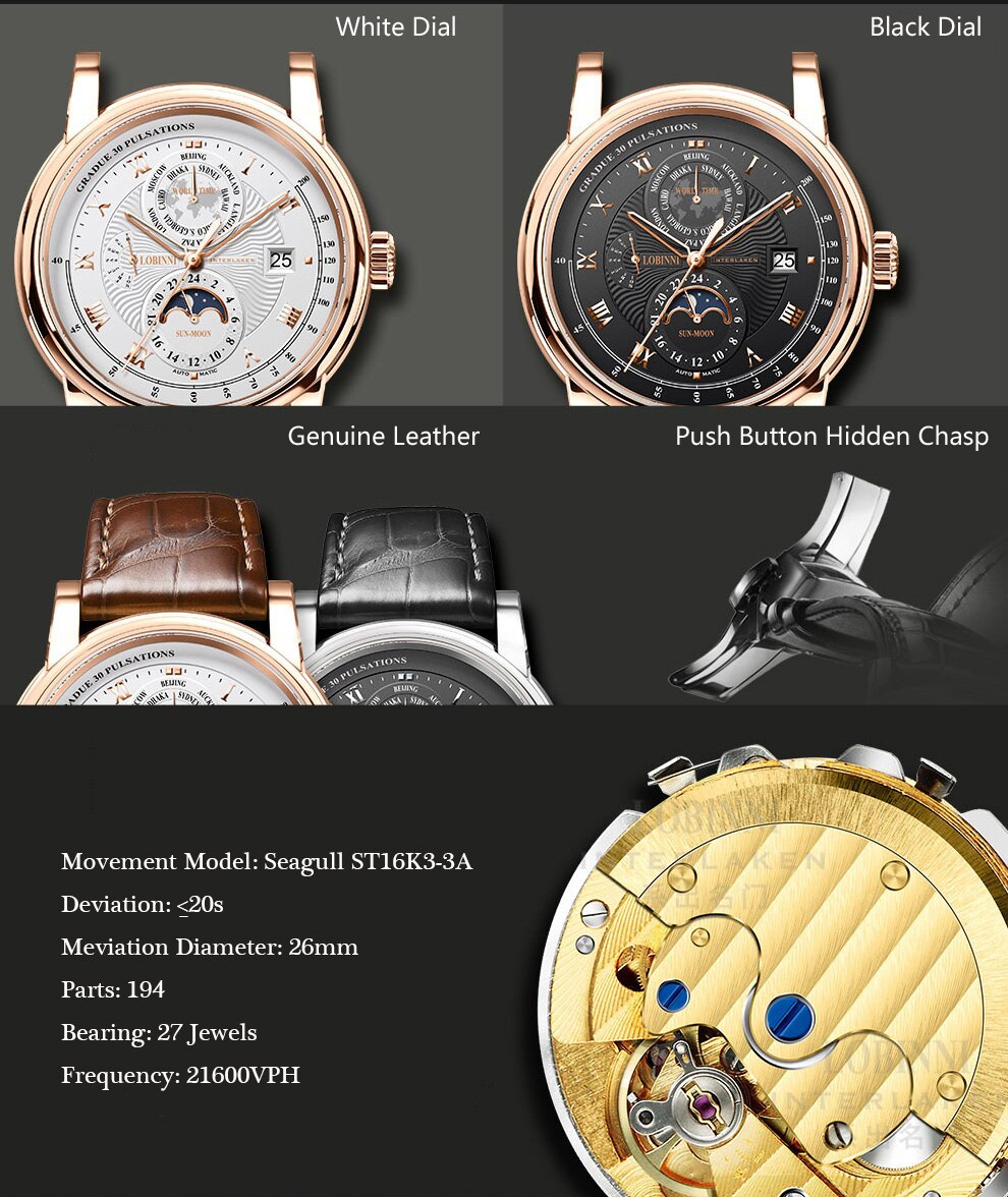LOBINNI Men Watch Luxury Brand Moon Phase Automatic Mechanical Men's Wirstwatches Sapphire  World Time relogio masculin L16003-2 - bertofonsi