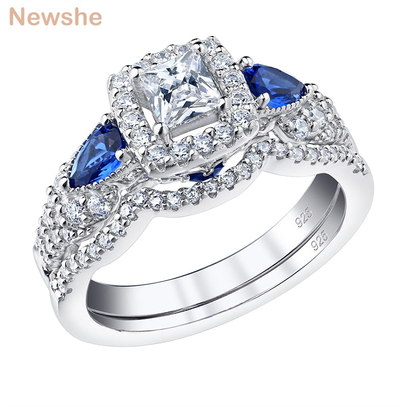 Newshe 2Pcs Solid 925 Sterling Silver Wedding Engagement Rings for Women Princess Cut Blue Pear AAAAA Zircons Bridal Set - bertofonsi
